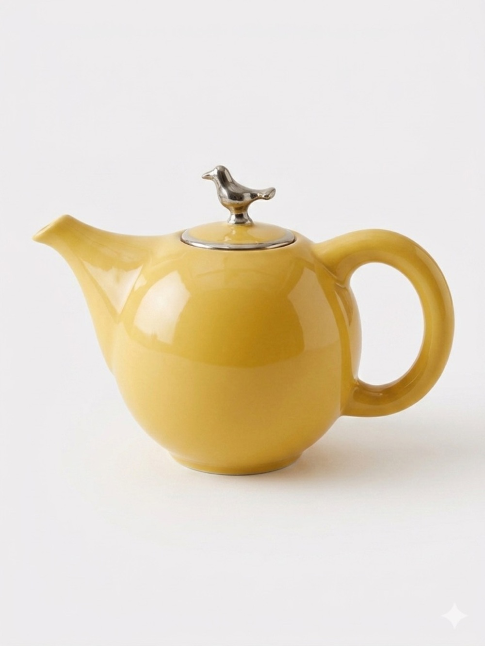 Terra Yellow Ceramic Teapot with Silver Bird Finial – Mid-Century Modern Style